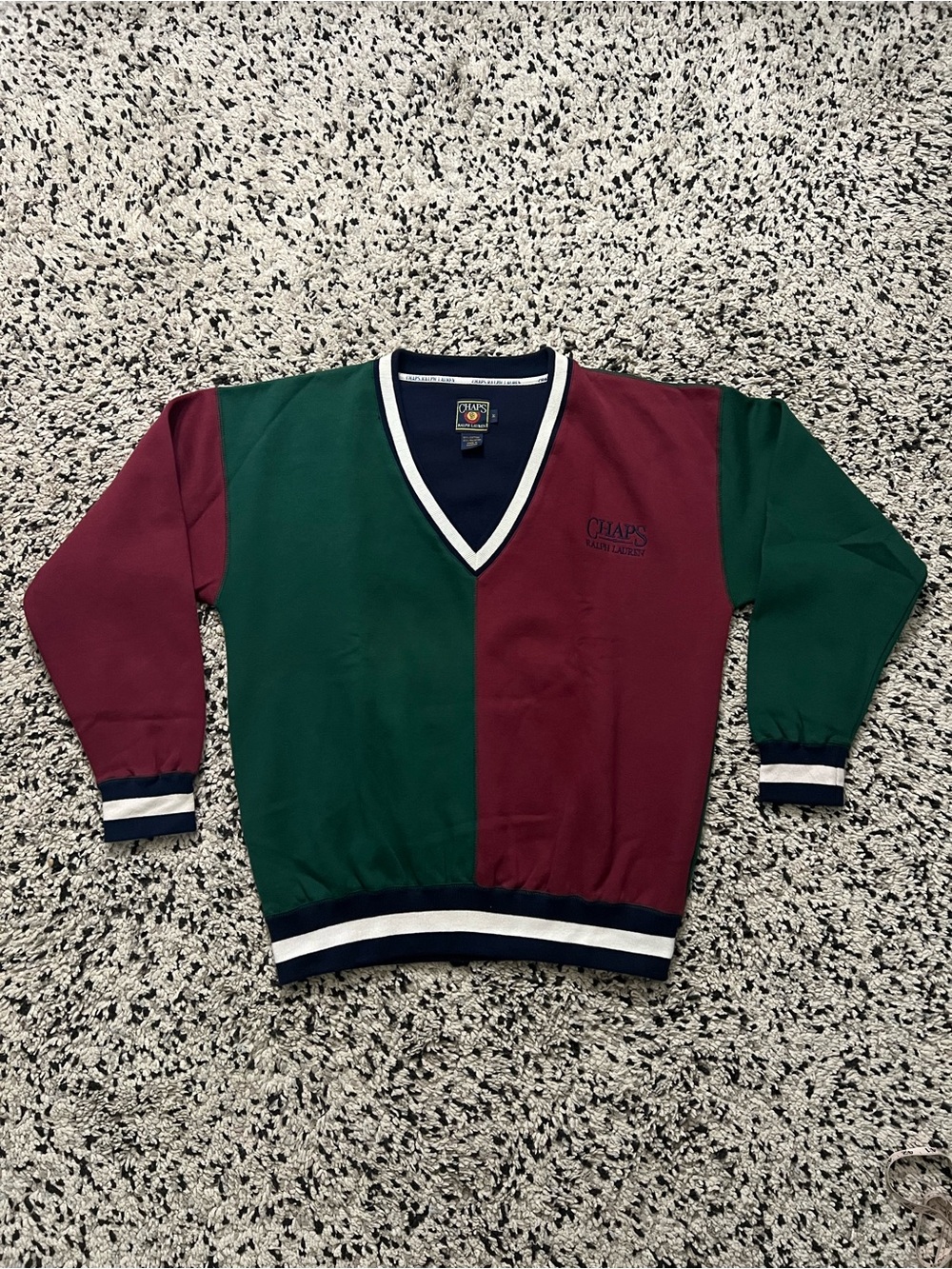 Chaps Ralph Lauren Vintage Colorblock V Neck Sweater Burgundy Green Men’s Medium